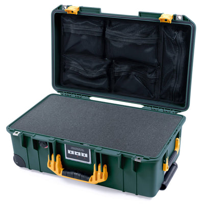 Pelican 1535 Air Case, Trekking Green with Yellow Handles & Push-Button Latches Pick & Pluck Foam with Mesh Lid Organizer ColorCase 015350-0101-138-240-110