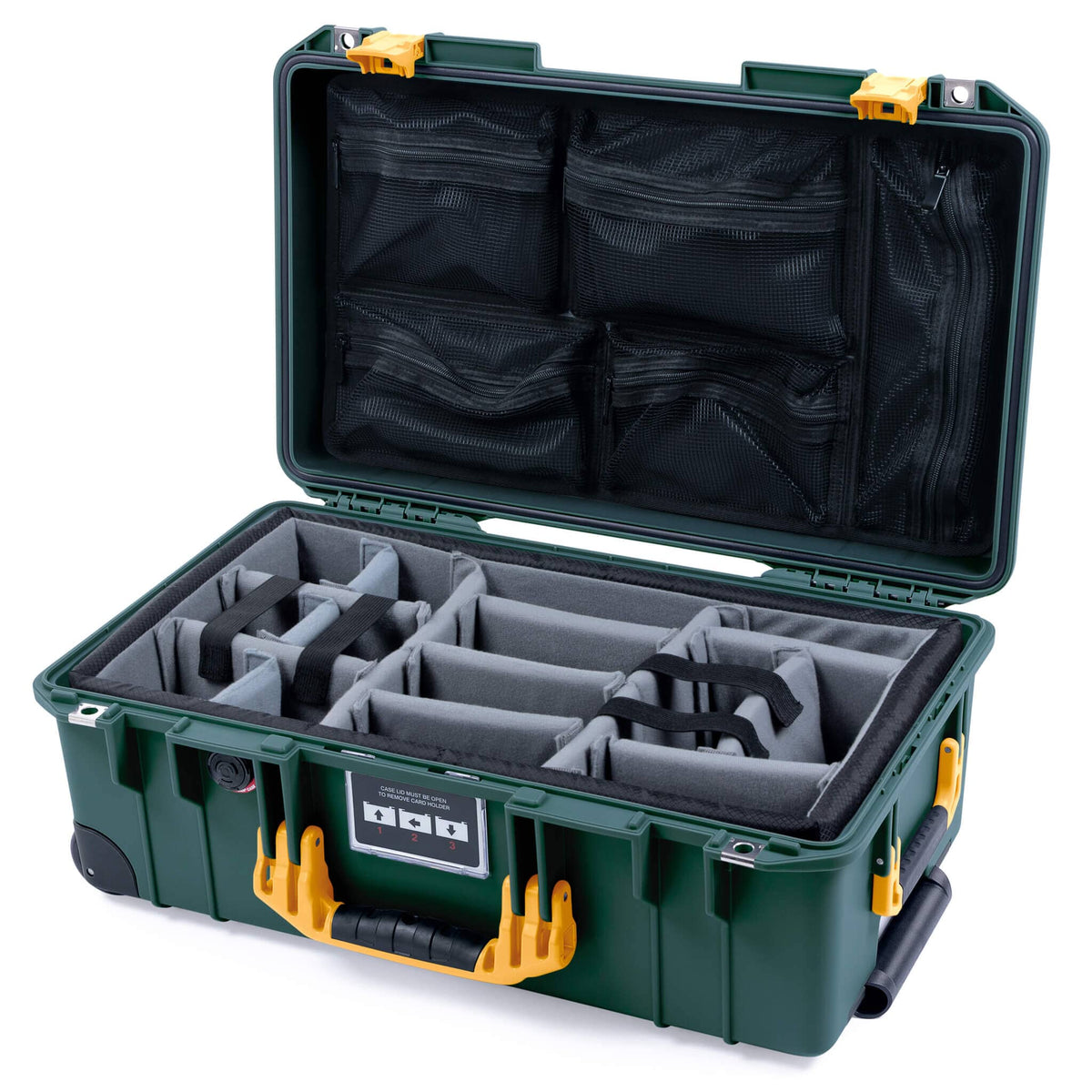 Pelican 1535 Air Case, Trekking Green with Yellow Handles &amp; Push-Button Latches Gray Padded Microfiber Dividers with Mesh Lid Organizer ColorCase 015350-0170-138-240-110