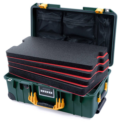 Pelican 1535 Air Case, Trekking Green with Yellow Handles & Push-Button Latches Custom Tool Kit (4 Foam Inserts with Mesh Lid Organizer) ColorCase 015350-0160-138-240-110