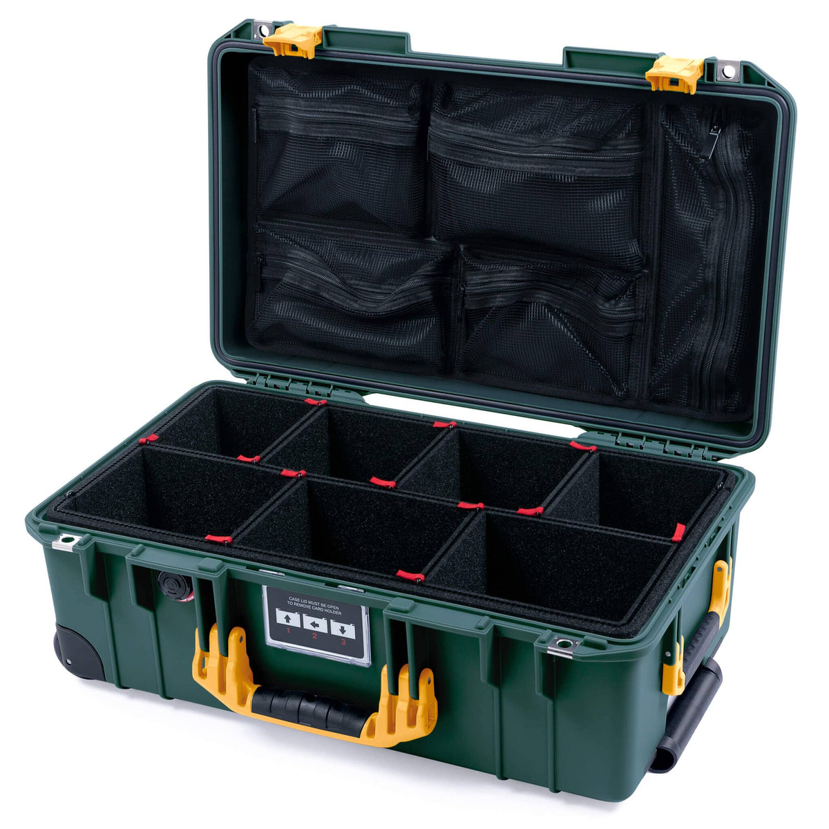 Pelican 1535 Air Case, Trekking Green with Yellow Handles &amp; Push-Button Latches TrekPak Divider System with Mesh Lid Organizer ColorCase 015350-0120-138-240-110