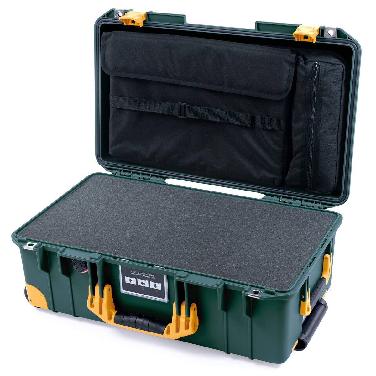 Pelican 1535 Air Case, Trekking Green with Yellow Handles, Push-Button Latches &amp; Trolley Pick &amp; Pluck Foam with Computer Pouch ColorCase 015350-0201-138-240-240