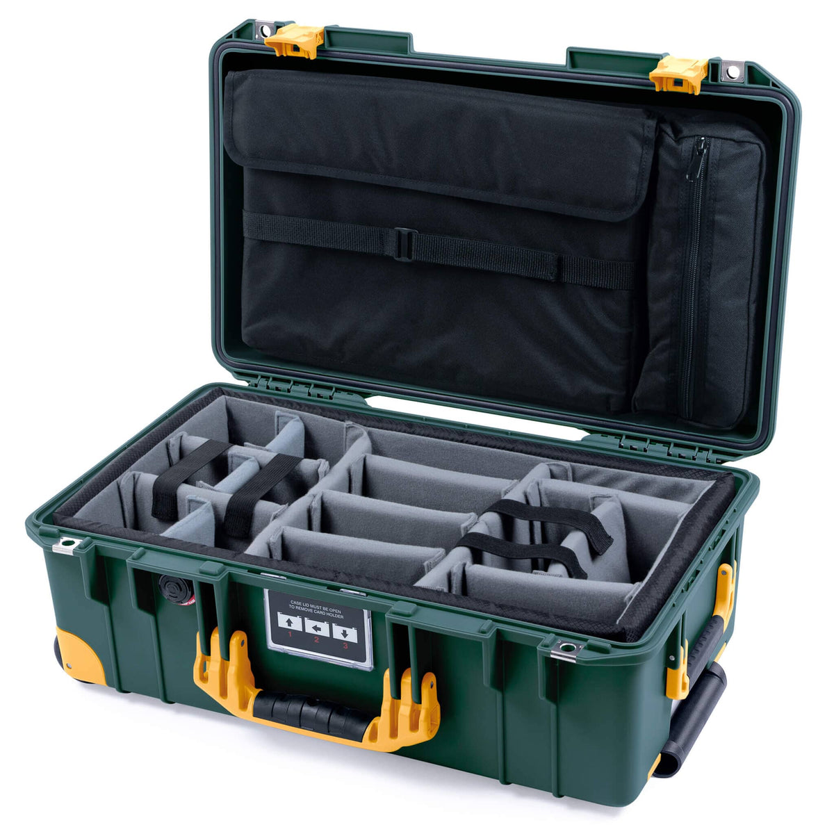 Pelican 1535 Air Case, Trekking Green with Yellow Handles, Push-Button Latches &amp; Trolley Gray Padded Microfiber Dividers with Computer Pouch ColorCase 015350-0270-138-240-240