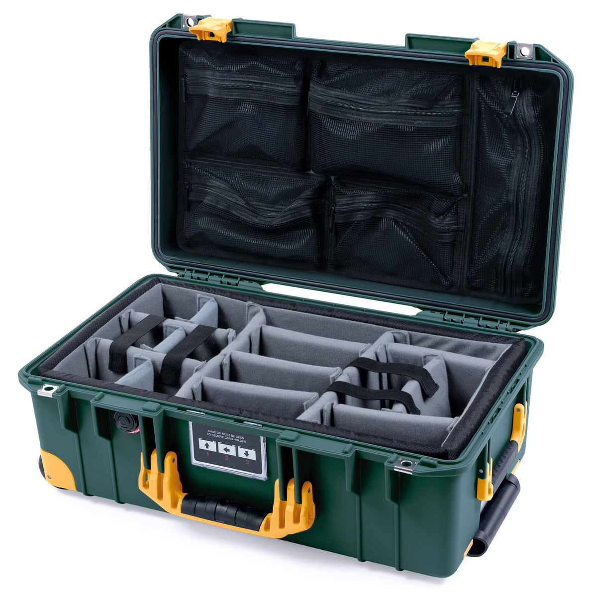 Pelican 1535 Air Case, Trekking Green with Yellow Handles, Push-Button Latches &amp; Trolley Gray Padded Microfiber Dividers with Mesh Lid Organizer ColorCase 015350-0170-138-240-240