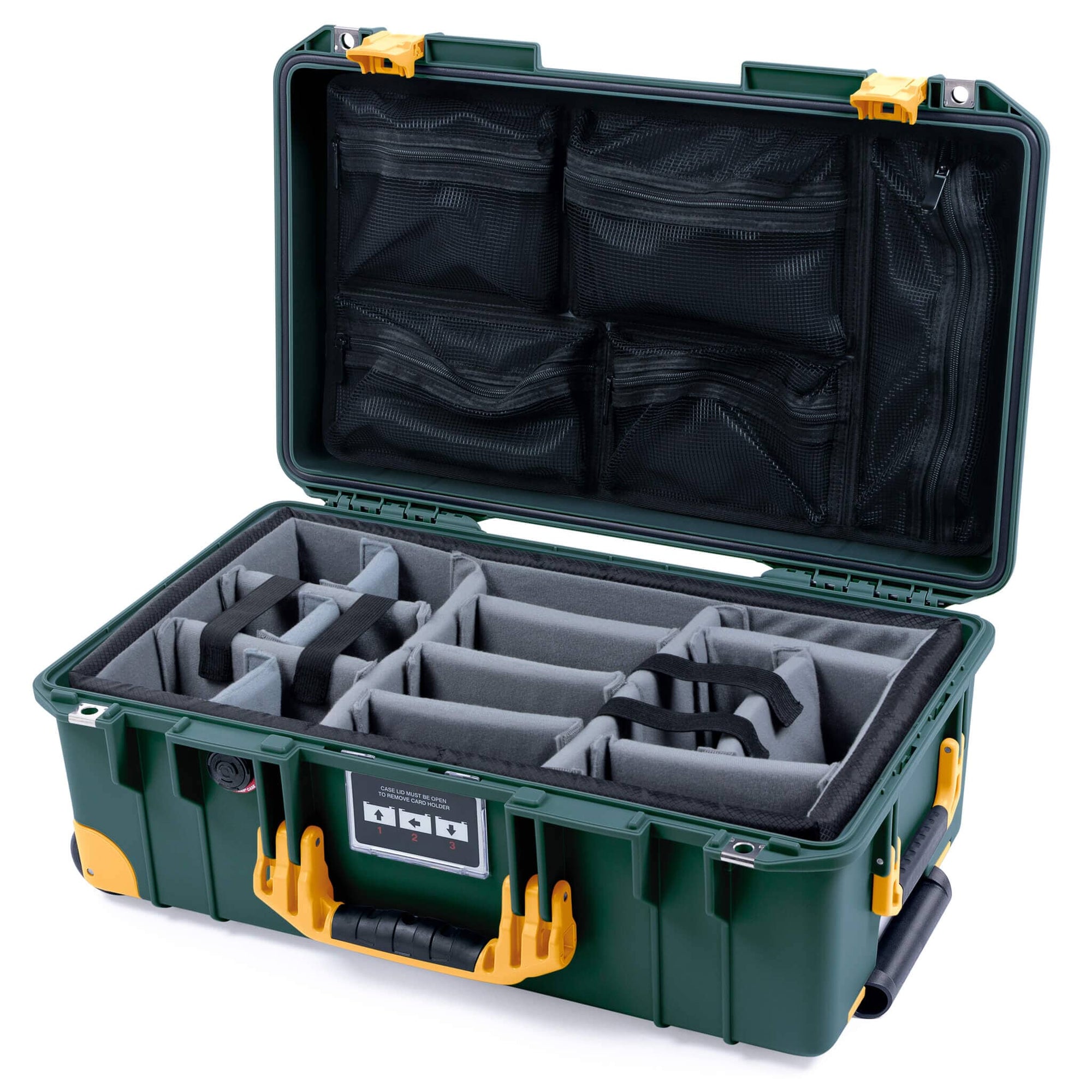 Pelican 1535 Air Case, Trekking Green with Yellow Handles, Push-Button Latches & Trolley Gray Padded Microfiber Dividers with Mesh Lid Organizer ColorCase 015350-0170-138-240-240