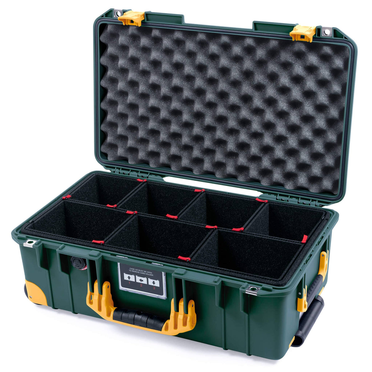 Pelican 1535 Air Case, Trekking Green with Yellow Handles, Push-Button Latches &amp; Trolley TrekPak Divider System with Convolute Lid Foam ColorCase 015350-0020-138-240-240