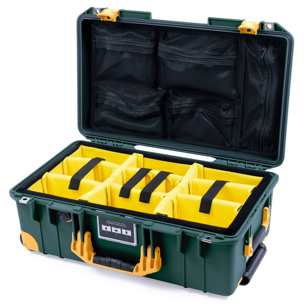 Pelican 1535 Air Case, Trekking Green with Yellow Handles, Push-Button Latches &amp; Trolley Yellow Padded Microfiber Dividers with Mesh Lid Organizer ColorCase 015350-0110-138-240-240