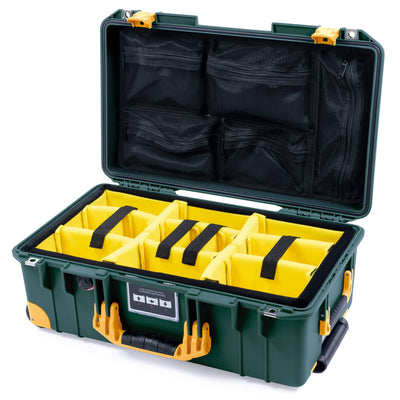 Pelican 1535 Air Case, Trekking Green with Yellow Handles, Push-Button Latches & Trolley Yellow Padded Microfiber Dividers with Mesh Lid Organizer ColorCase 015350-0110-138-240-240