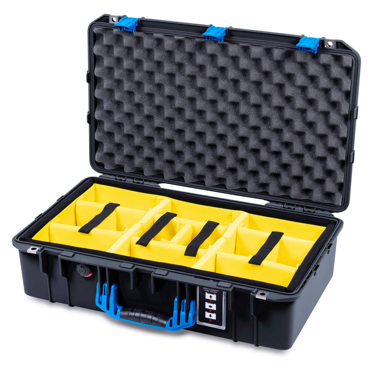 Pelican 1555 Air Case, Black with Blue Handle &amp; Latches Yellow Padded Microfiber Dividers with Convolute Lid Foam ColorCase 015550-0010-110-121