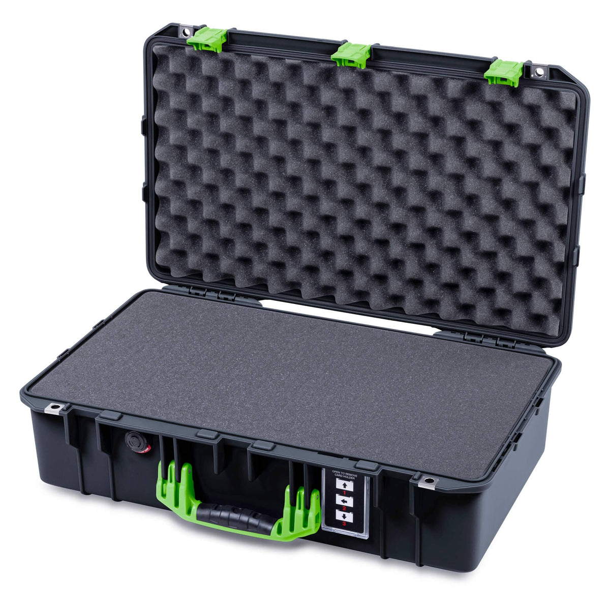 Pelican 1555 Air Case, Black with Lime Green Handle &amp; Latches Pick &amp; Pluck Foam with Convolute Lid Foam ColorCase 015550-0001-110-301
