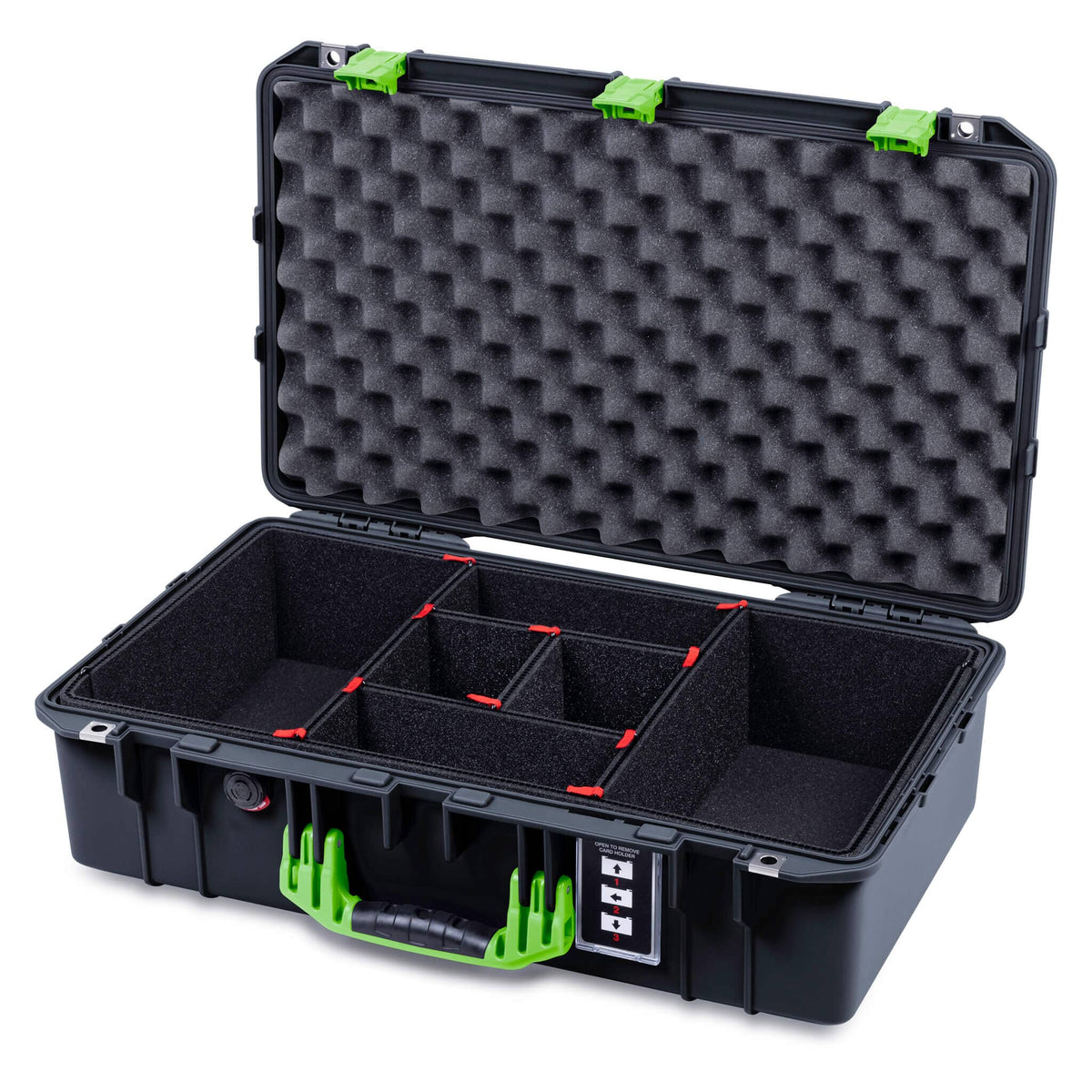 Pelican 1555 Air Case, Black with Lime Green Handle &amp; Latches TrekPak Divider System with Convolute Lid Foam ColorCase 015550-0020-110-301