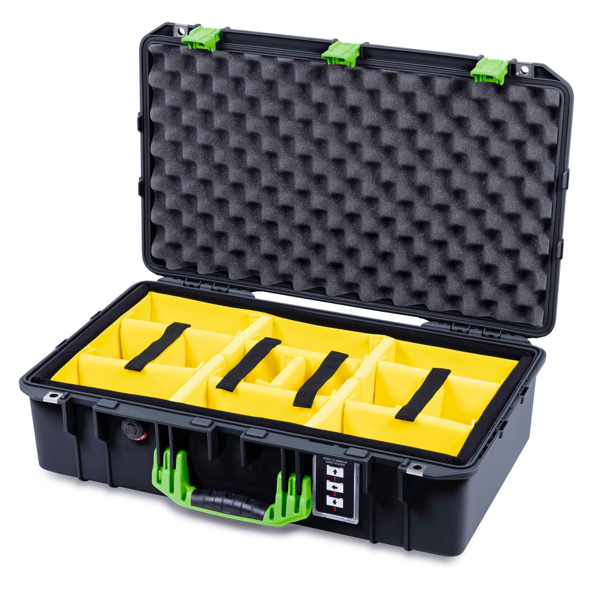 Pelican 1555 Air Case, Black with Lime Green Handle &amp; Latches Yellow Padded Microfiber Dividers with Convolute Lid Foam ColorCase 015550-0010-110-301