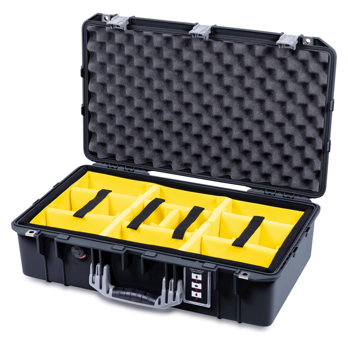 Pelican 1555 Air Case, Black with Silver Handle &amp; Latches Yellow Padded Microfiber Dividers with Convolute Lid Foam ColorCase 015550-0010-110-181