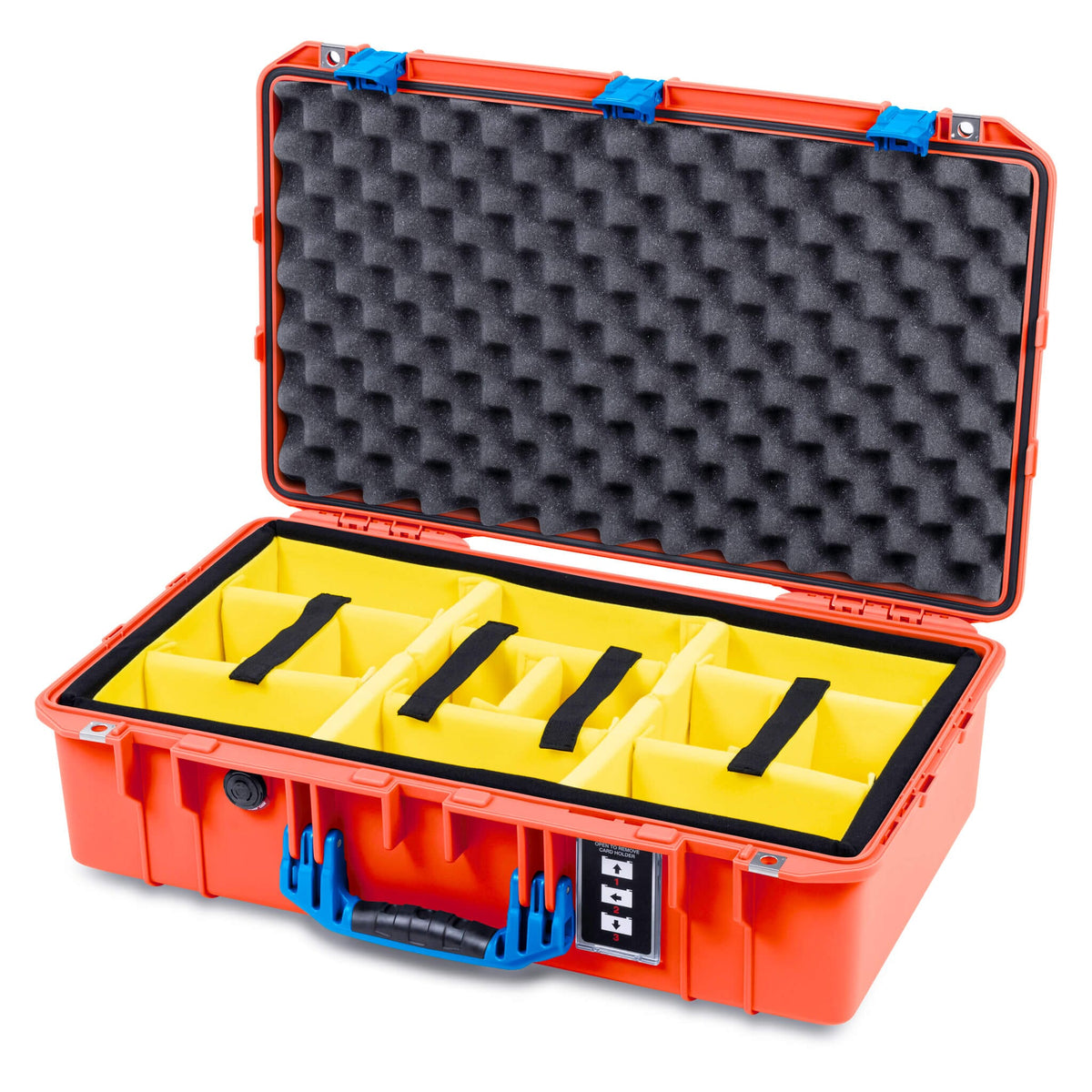 Pelican 1555 Air Case, Orange with Blue Handle &amp; Latches Yellow Padded Microfiber Dividers with Convolute Lid Foam ColorCase 015550-0010-150-121