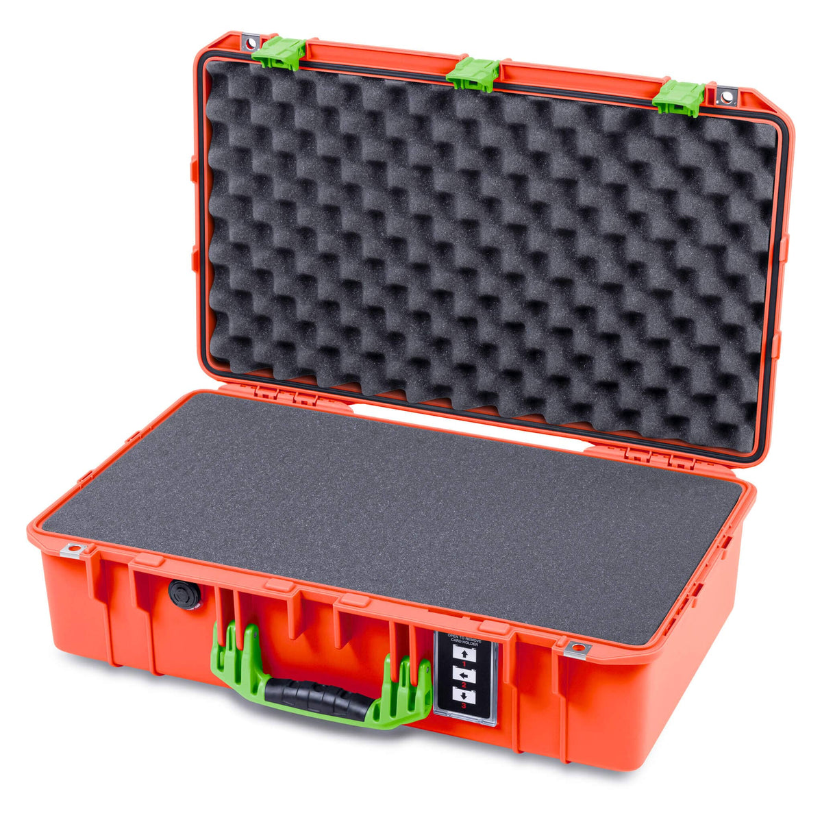 Pelican 1555 Air Case, Orange with Lime Green Handle &amp; Latches Pick &amp; Pluck Foam with Convolute Lid Foam ColorCase 015550-0001-150-301