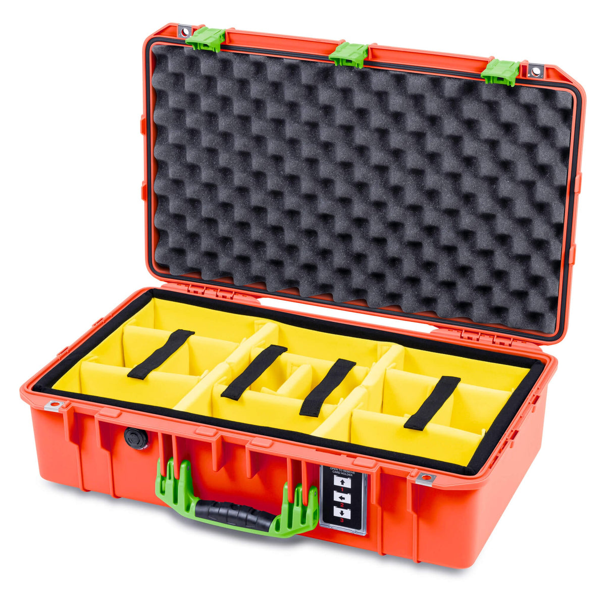Pelican 1555 Air Case, Orange with Lime Green Handle &amp; Latches Yellow Padded Microfiber Dividers with Convolute Lid Foam ColorCase 015550-0010-150-301