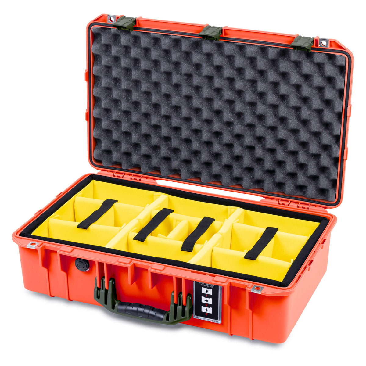 Pelican 1555 Air Case, Orange with OD Green Handle &amp; Latches Yellow Padded Microfiber Dividers with Convolute Lid Foam ColorCase 015550-0010-150-131