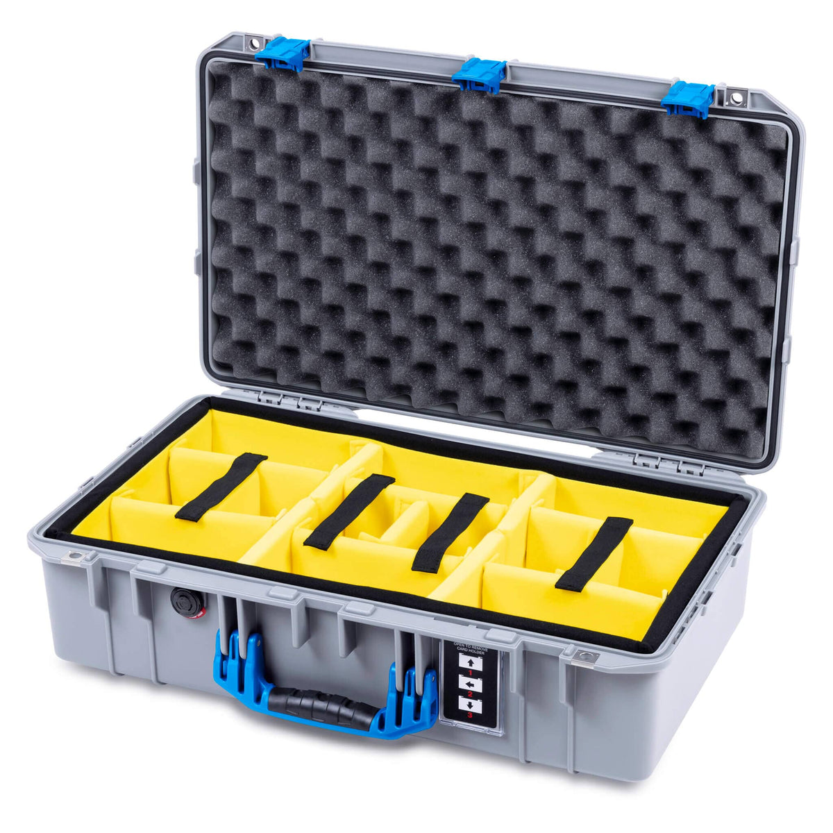 Pelican 1555 Air Case, Silver with Blue Handle &amp; Latches Yellow Padded Microfiber Dividers with Convolute Lid Foam ColorCase 015550-0010-180-121