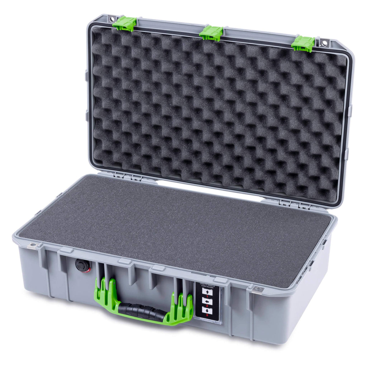 Pelican 1555 Air Case, Silver with Lime Green Handle &amp; Latches Pick &amp; Pluck Foam with Convolute Lid Foam ColorCase 015550-0001-180-301