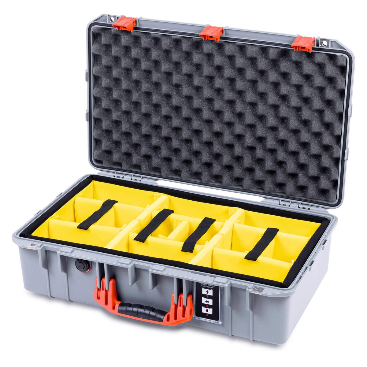 Pelican 1555 Air Case, Silver with Orange Handle &amp; Latches Yellow Padded Microfiber Dividers with Convolute Lid Foam ColorCase 015550-0010-180-151