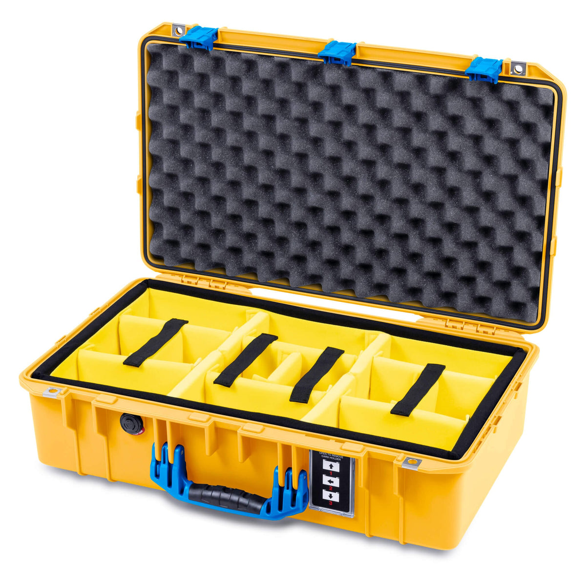 Pelican 1555 Air Case, Yellow with Blue Handle &amp; Latches Yellow Padded Microfiber Dividers with Convolute Lid Foam ColorCase 015550-0010-240-121