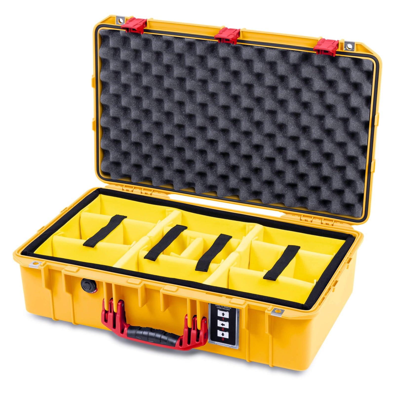 Pelican 1555 Air Case, Yellow with Red Handle & Latches Yellow Padded Microfiber Dividers with Convolute Lid Foam ColorCase 015550-0010-240-321