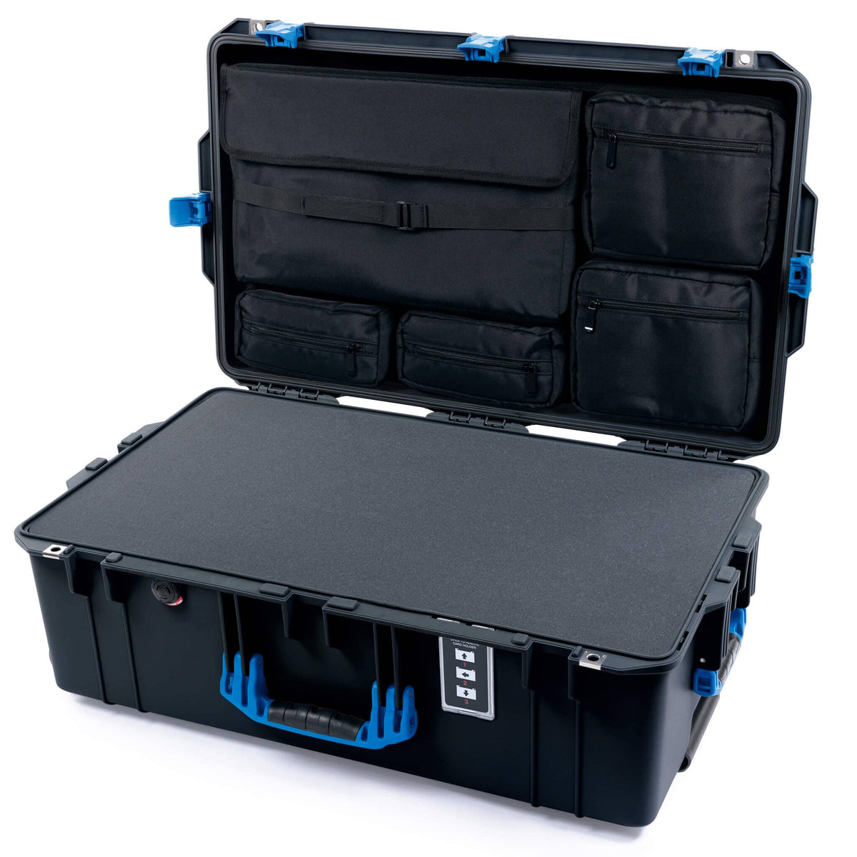 Pelican 1595 Air Case, Black with Blue Handles &amp; Push-Button Latches Pick &amp; Pluck Foam with Laptop Computer Lid Pouch ColorCase 015950-0201-110-121