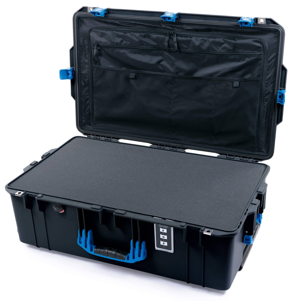 Pelican 1595 Air Case, Black with Blue Handles &amp; Latches Pick &amp; Pluck Foam with Combo-Pouch Lid Organizer ColorCase 015950-0301-110-121