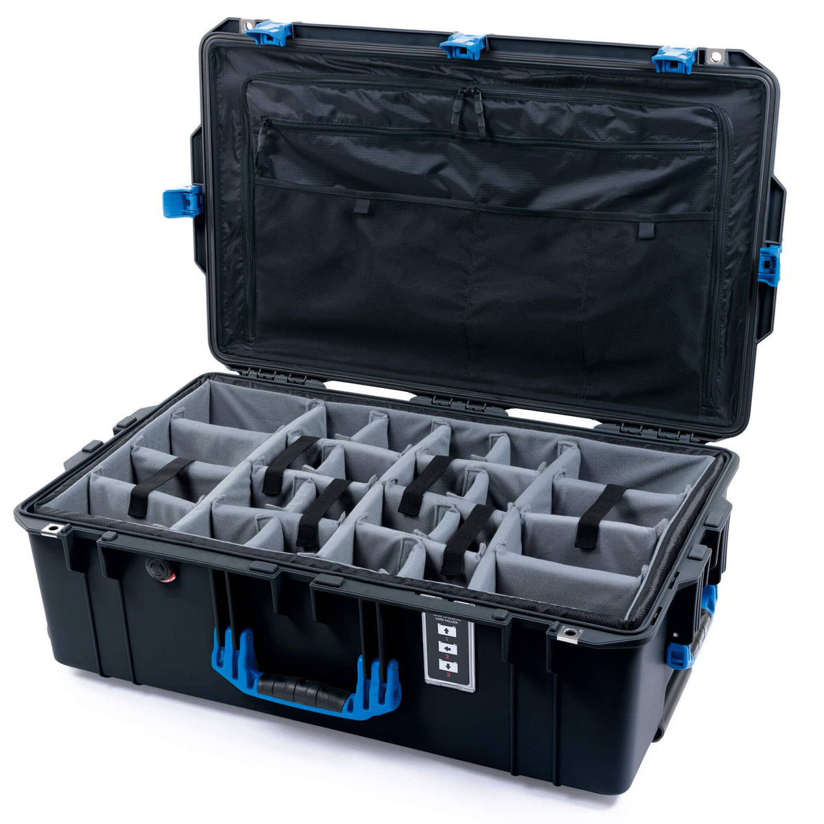 Pelican 1595 Air Case, Black with Blue Handles &amp; Latches Gray Padded Microfiber Dividers with Combo-Pouch Lid Organizer ColorCase 015950-0370-110-121