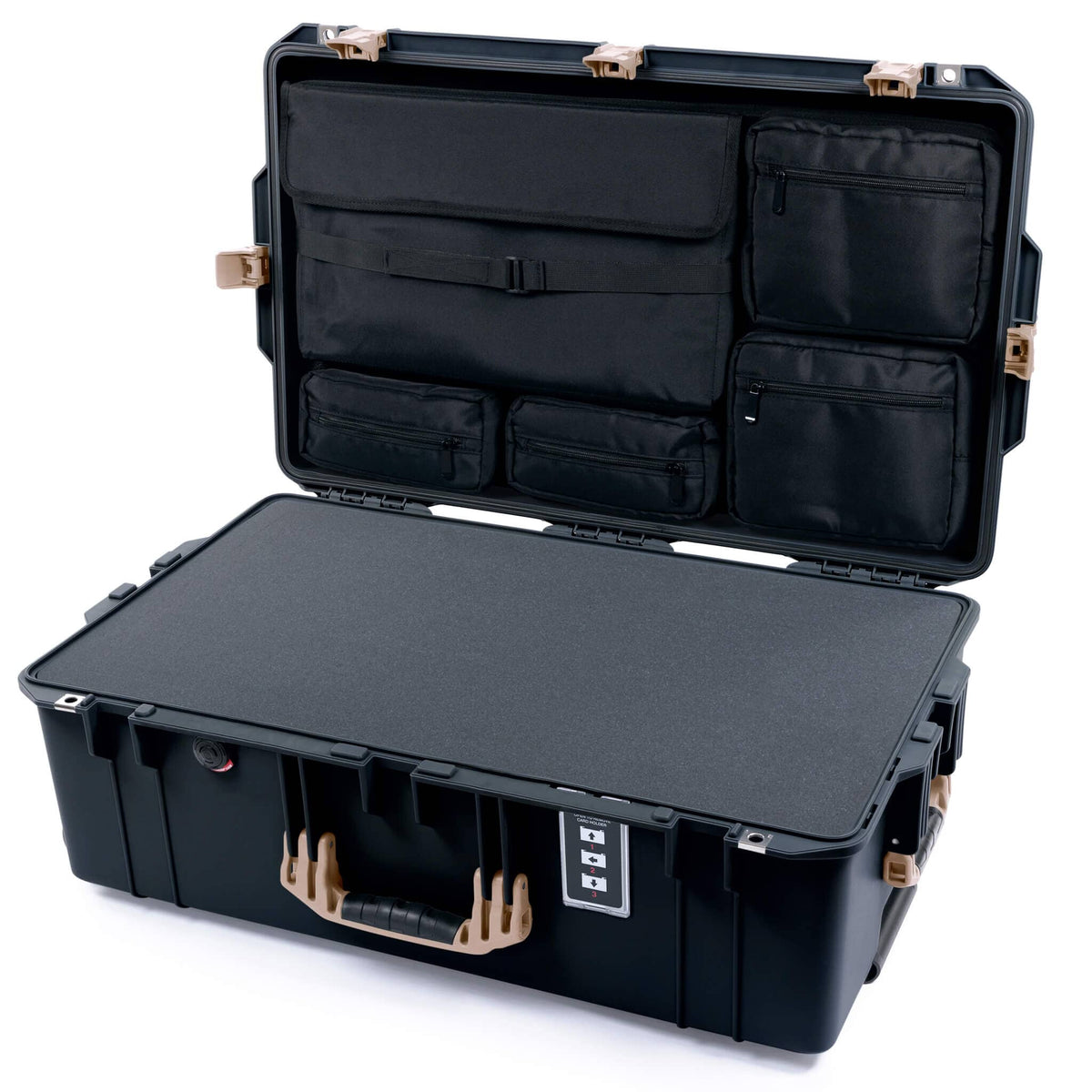 Pelican 1595 Air Case, Black with Desert Tan Handles &amp; Latches Pick &amp; Pluck Foam with Laptop Computer Lid Pouch ColorCase 015950-0201-110-311