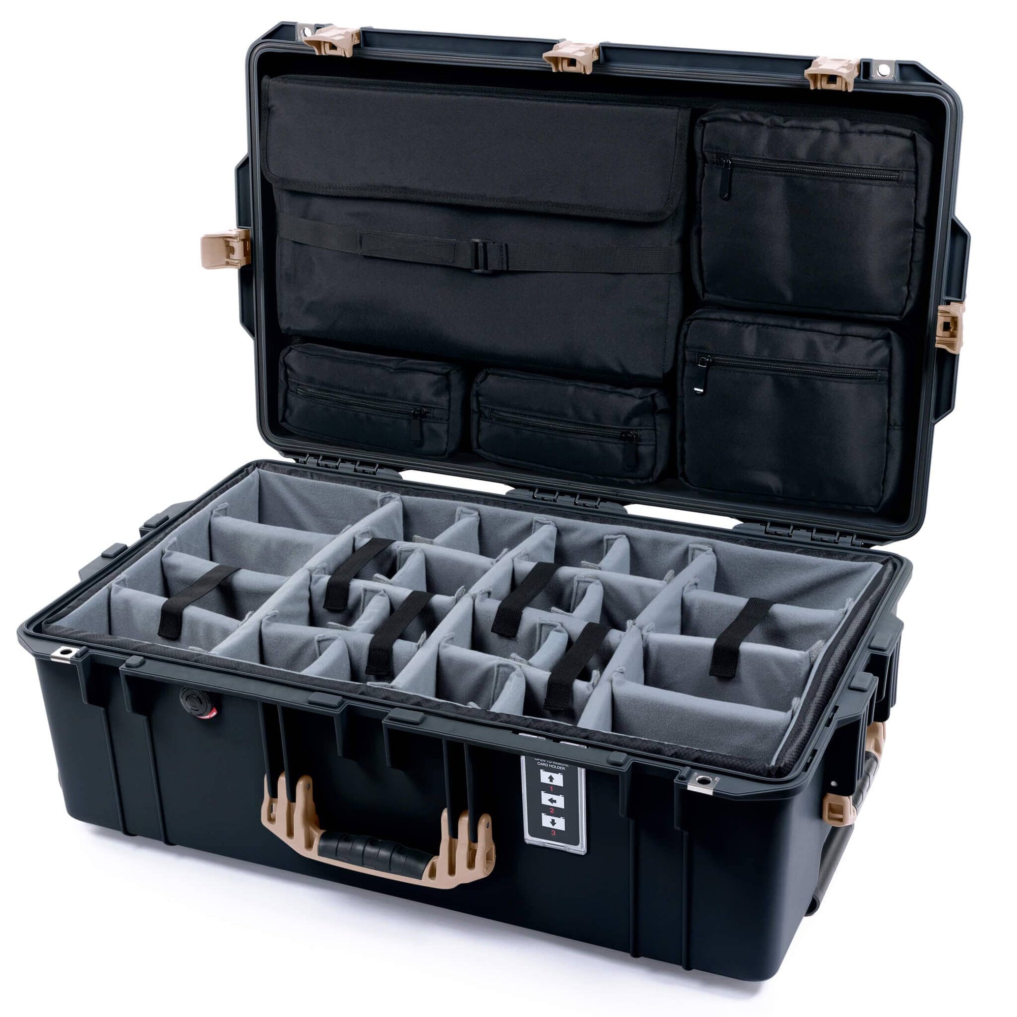 Pelican 1595 Air Case, Black with Desert Tan Handles & Latches Gray Padded Microfiber Dividers with Laptop Computer Lid Pouch ColorCase 015950-0270-110-311