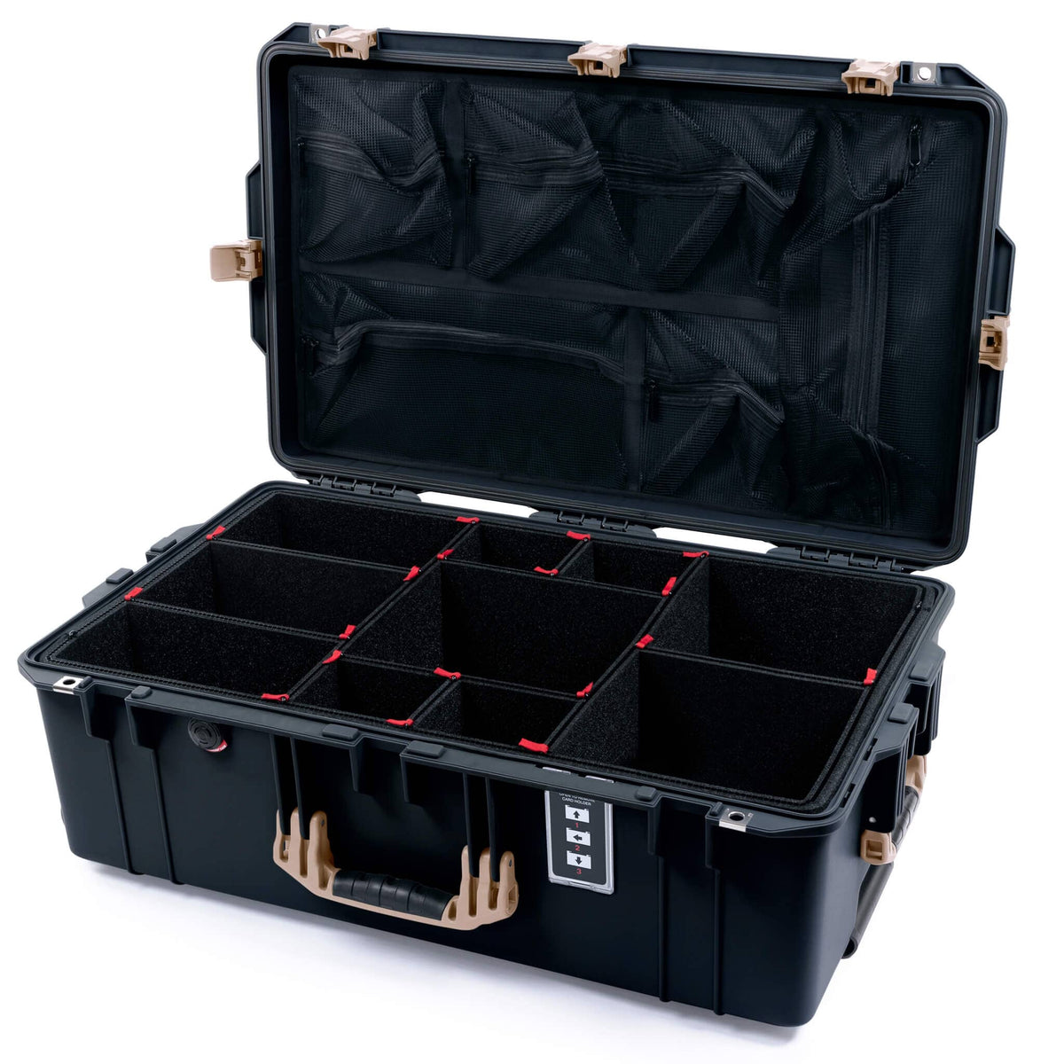 Pelican 1595 Air Case, Black with Desert Tan Handles &amp; Latches TrekPak Divider System with Mesh Lid Organizer ColorCase 015950-0120-110-311