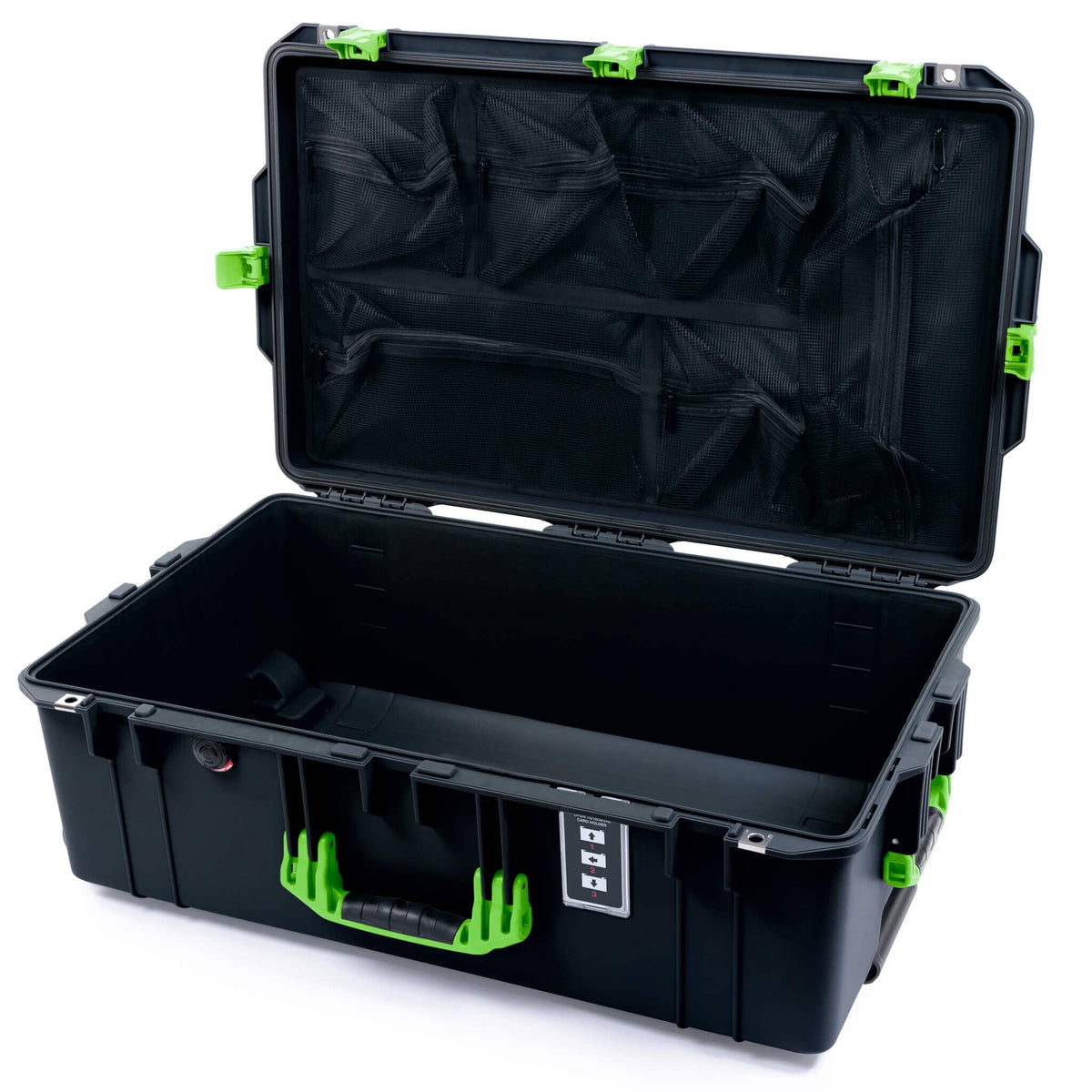Pelican 1595 Air Case, Black with Lime Green Handles &amp; Latches Mesh Lid Organizer Only ColorCase 015950-0100-110-301