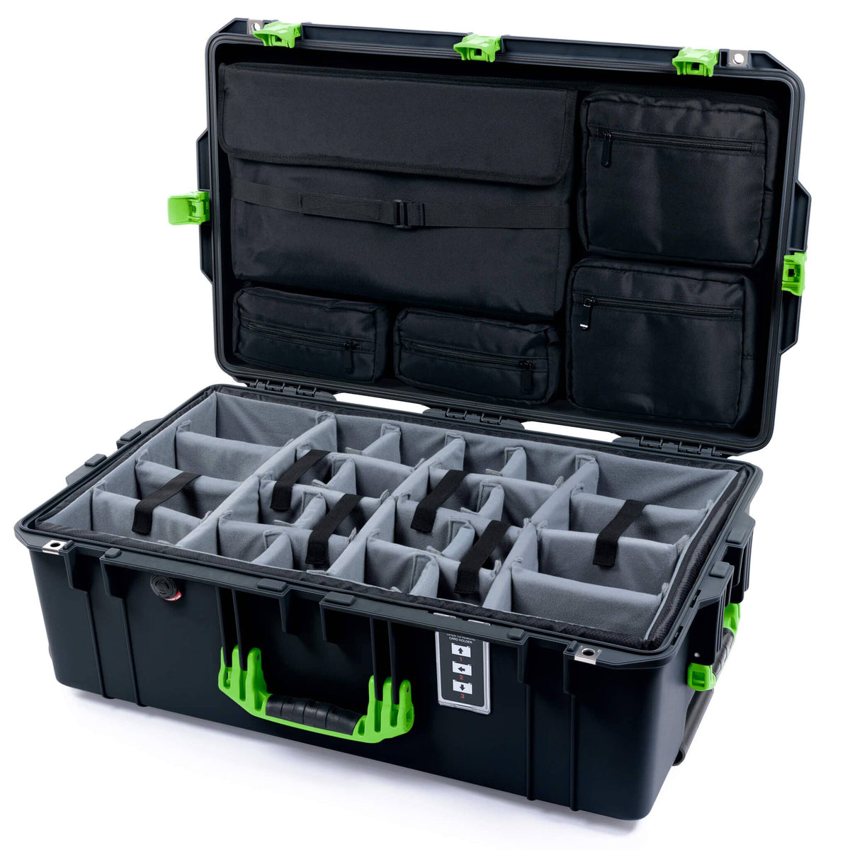 Pelican 1595 Air Case, Black with Lime Green Handles &amp; Latches Gray Padded Microfiber Dividers with Laptop Computer Lid Pouch ColorCase 015950-0270-110-301