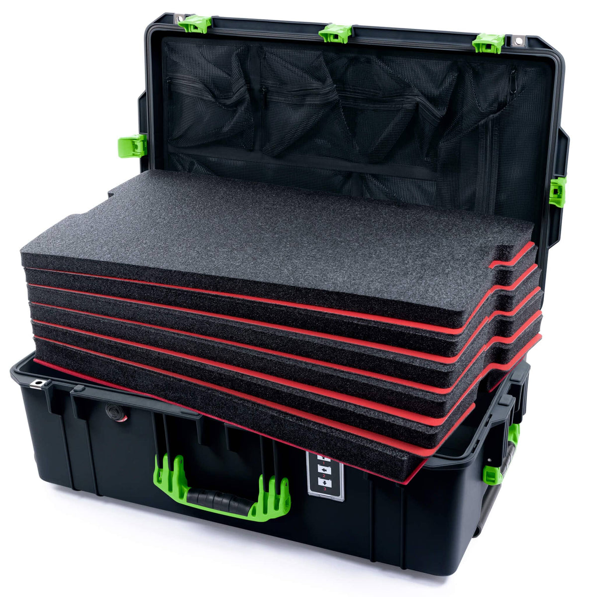 Pelican 1595 Air Case, Black with Lime Green Handles &amp; Latches Custom Tool Kit (6 Foam Inserts with Mesh Lid Organizer) ColorCase 015950-0160-110-301