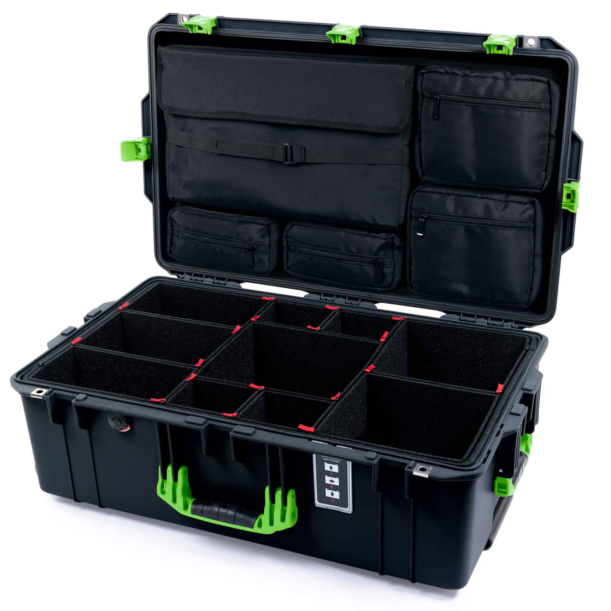 Pelican 1595 Air Case, Black with Lime Green Handles &amp; Latches TrekPak Divider System with Laptop Computer Lid Pouch ColorCase 015950-0220-110-301