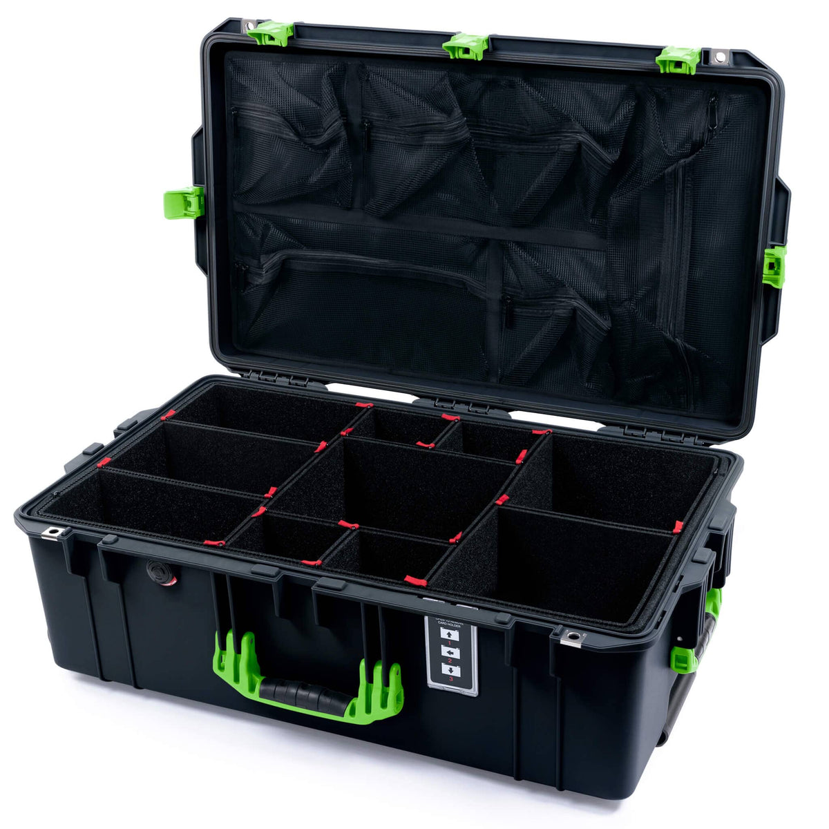 Pelican 1595 Air Case, Black with Lime Green Handles &amp; Latches TrekPak Divider System with Mesh Lid Organizer ColorCase 015950-0120-110-301