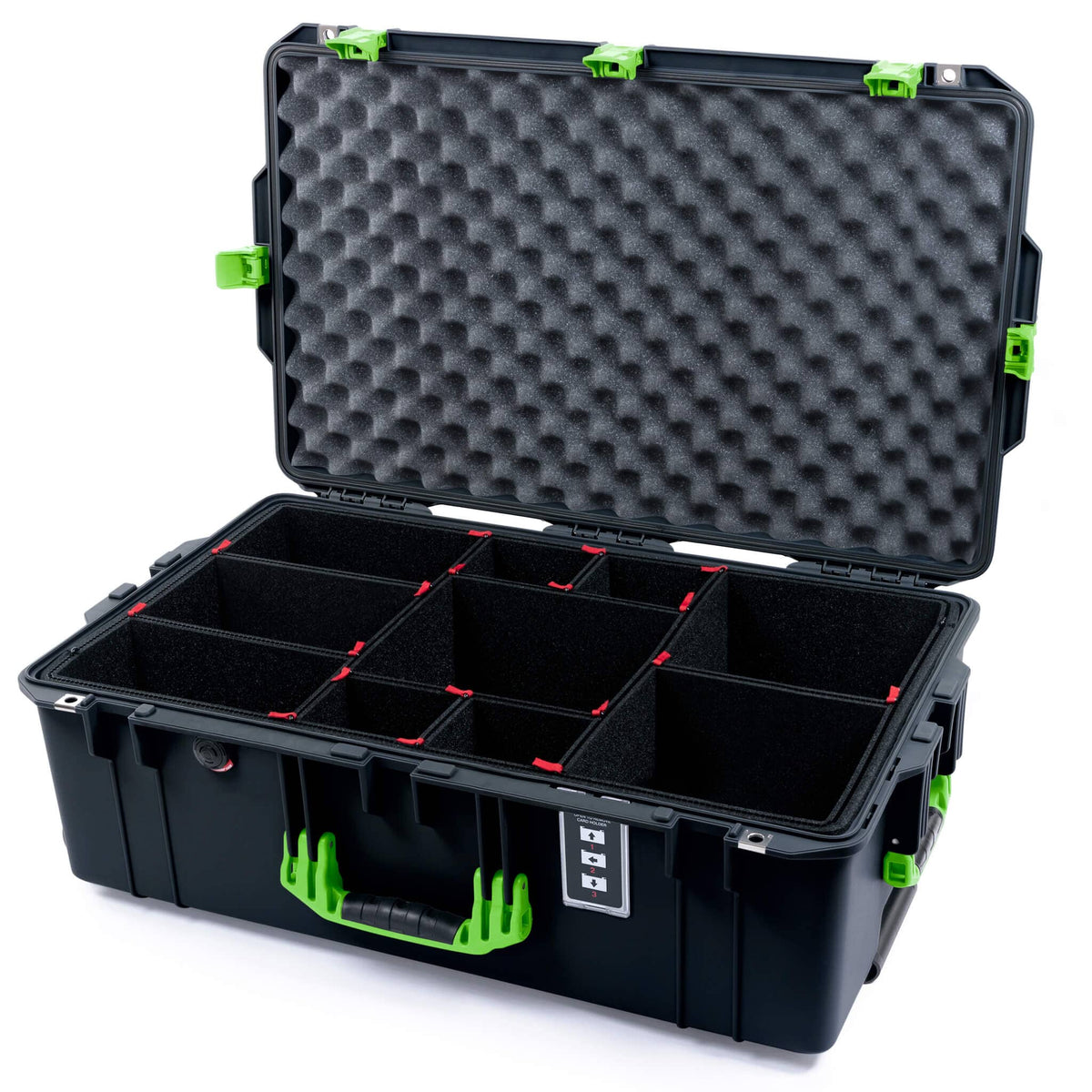 Pelican 1595 Air Case, Black with Lime Green Handles &amp; Latches TrekPak Divider System with Convoluted Lid Foam ColorCase 015950-0020-110-301