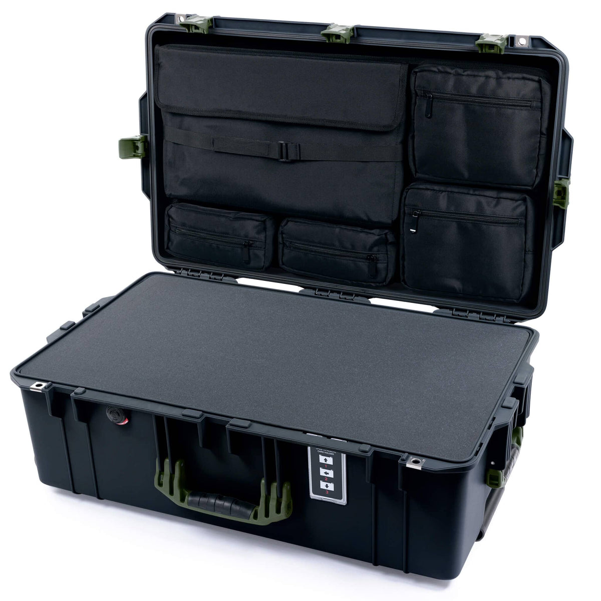 Pelican 1595 Air Case, Black with OD Green Handles &amp; Latches Pick &amp; Pluck Foam with Laptop Computer Lid Pouch ColorCase 015950-0201-110-131