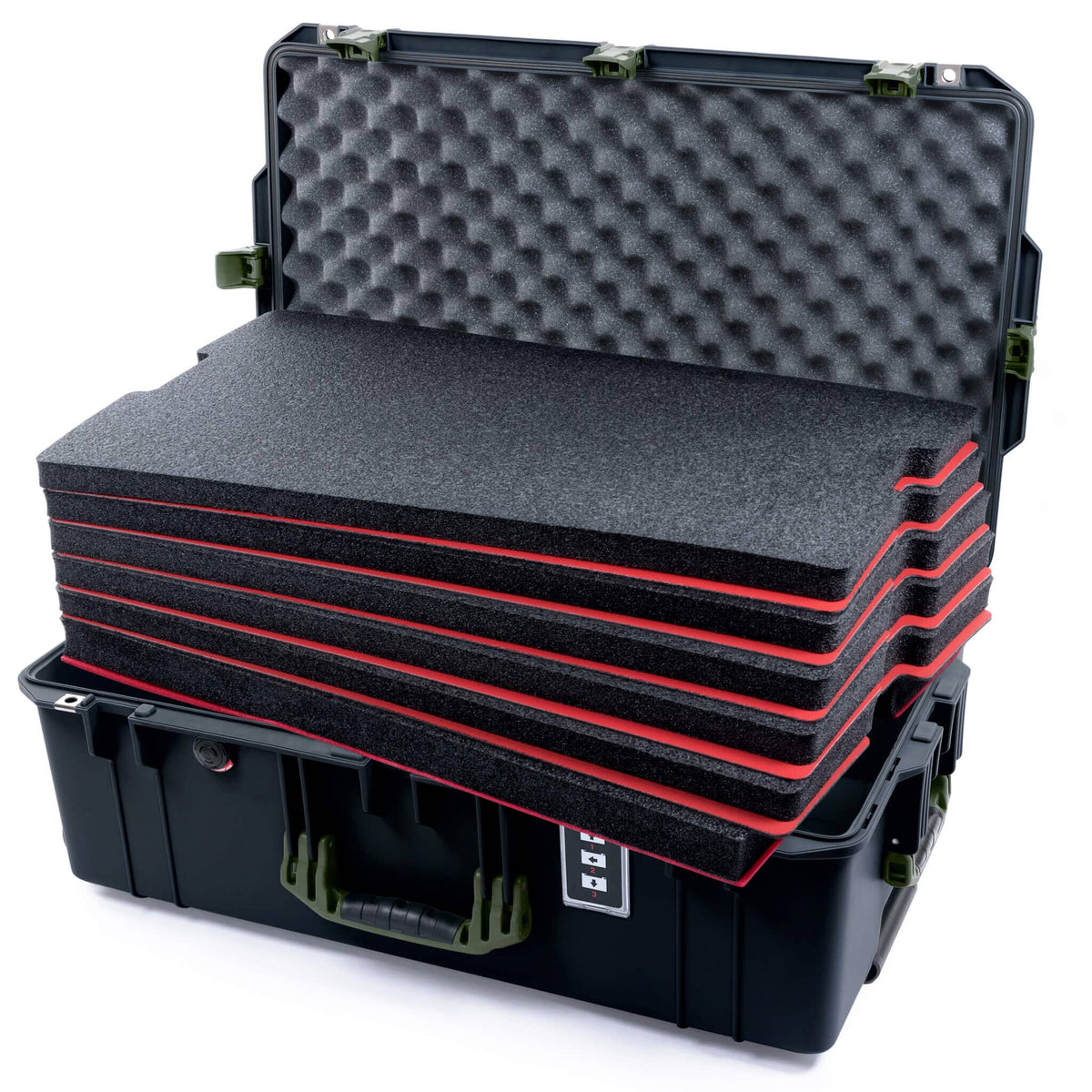Pelican 1595 Air Case, Black with OD Green Handles &amp; Latches Custom Tool Kit (6 Foam Inserts with Convoluted Lid Foam) ColorCase 015950-0060-110-131