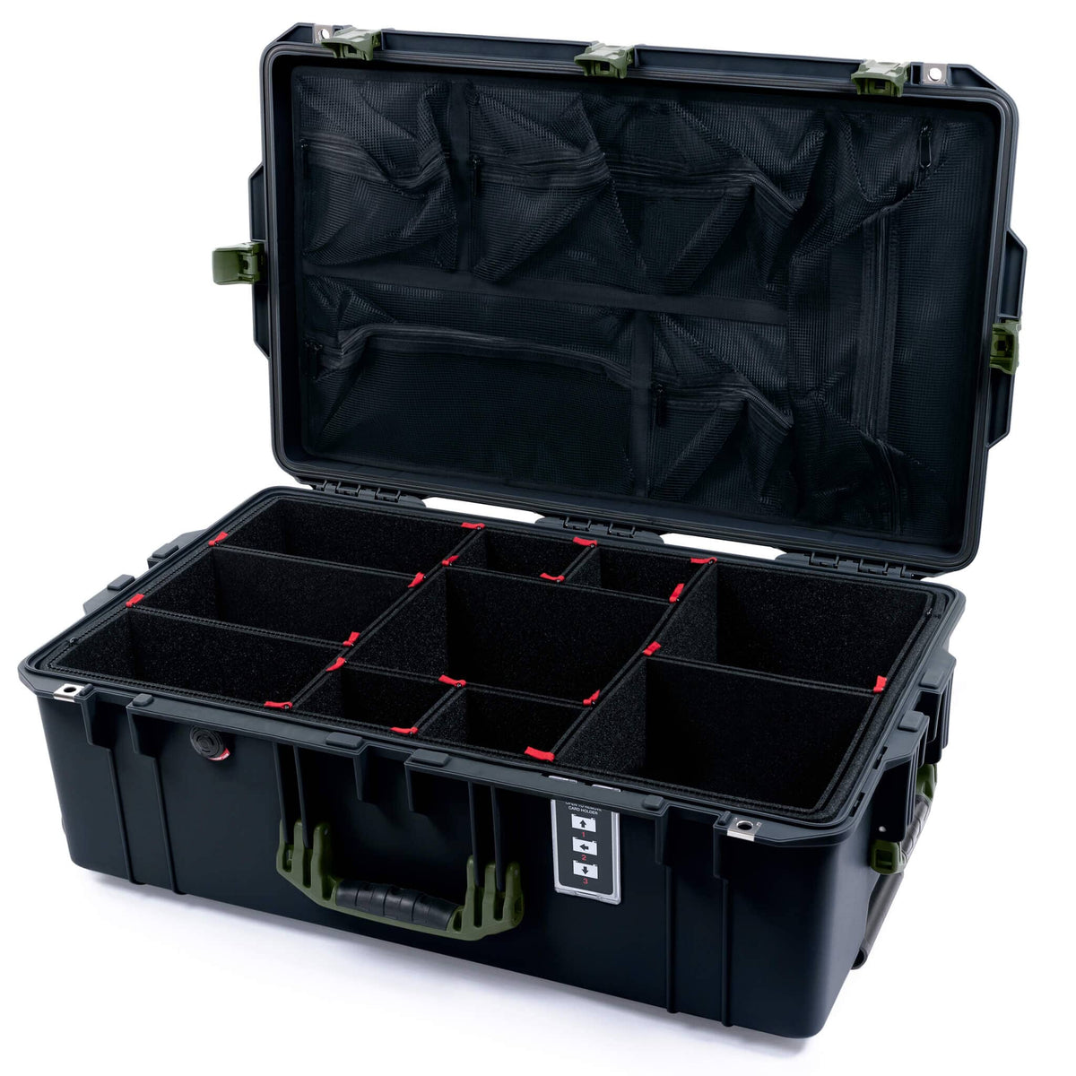 Pelican 1595 Air Case, Black with OD Green Handles &amp; Latches TrekPak Divider System with Mesh Lid Organizer ColorCase 015950-0120-110-131