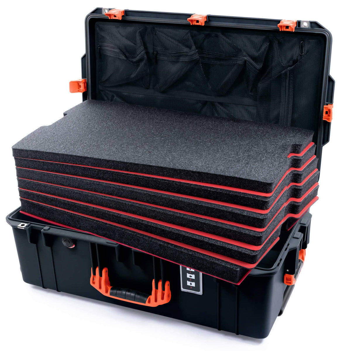 Pelican 1595 Air Case, Black with Orange Handles &amp; Push-Button Latches Custom Tool Kit (6 Foam Inserts with Mesh Lid Organizer) ColorCase 015950-0160-110-150
