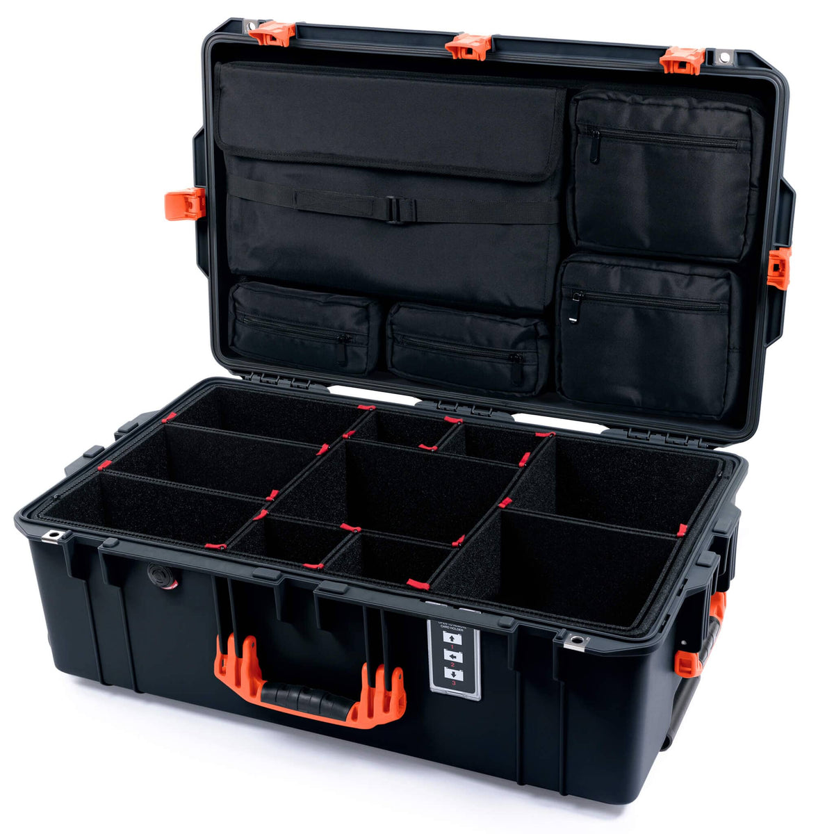 Pelican 1595 Air Case, Black with Orange Handles &amp; Push-Button Latches TrekPak Divider System with Laptop Computer Lid Pouch ColorCase 015950-0220-110-150