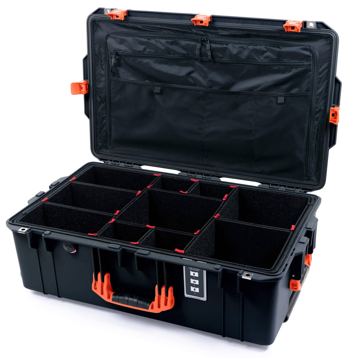 Pelican 1595 Air Case, Black with Orange Handles &amp; Latches TrekPak Divider System with Combo-Pouch Lid Organizer ColorCase 015950-0320-110-151