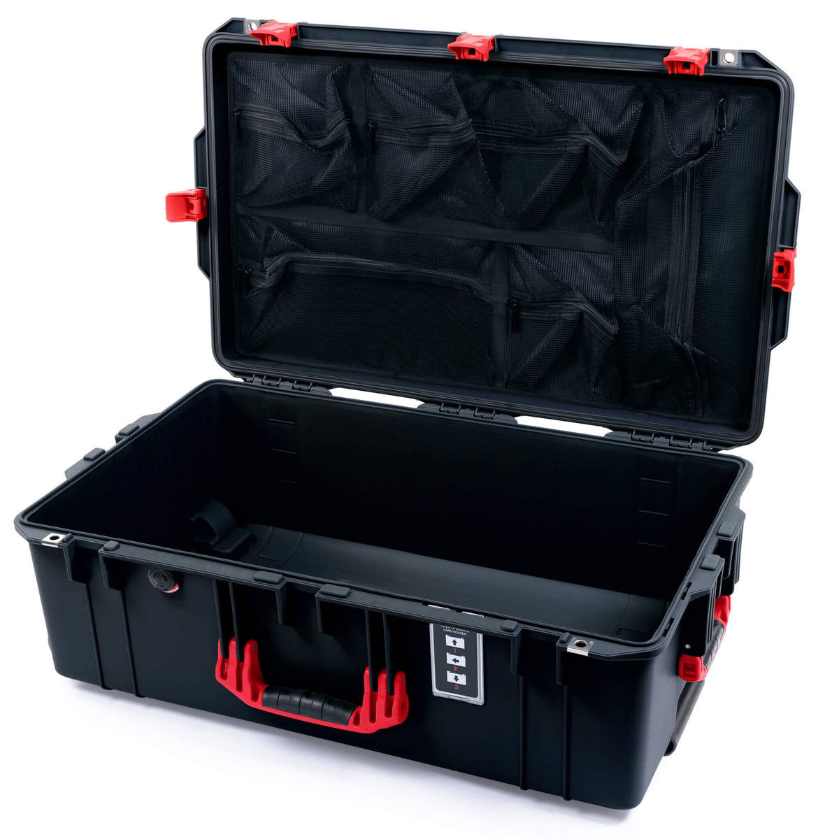 Pelican 1595 Air Case, Black with Red Handles &amp; Push-Button Latches Mesh Lid Organizer Only ColorCase 015950-0100-110-321