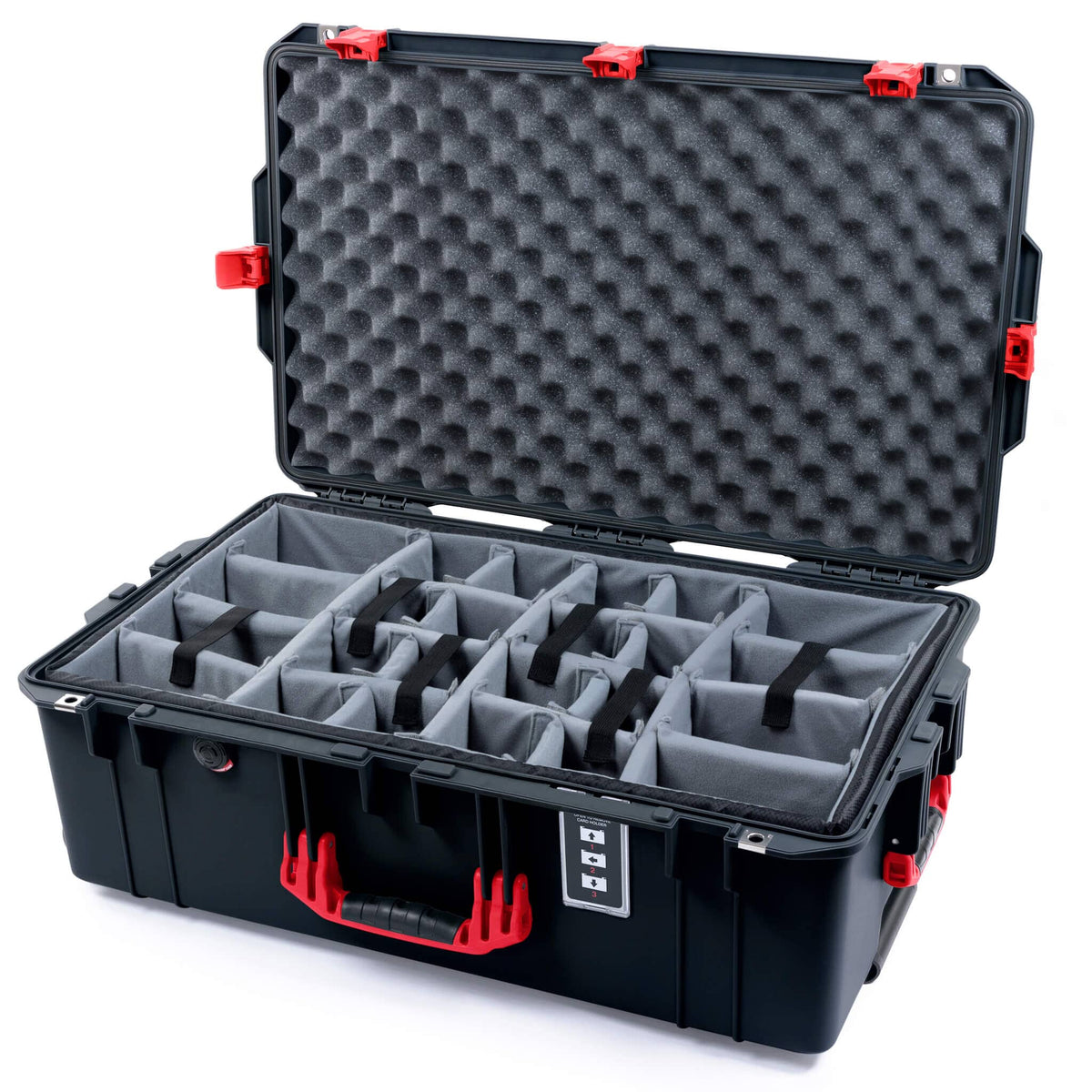Pelican 1595 Air Case, Black with Red Handles &amp; Push-Button Latches Gray Padded Microfiber Dividers with Convoluted Lid Foam ColorCase 015950-0070-110-321