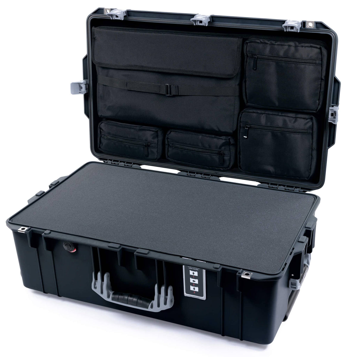 Pelican 1595 Air Case, Black with Silver Handles &amp; Push-Button Latches Pick &amp; Pluck Foam with Laptop Computer Lid Pouch ColorCase 015950-0201-110-180