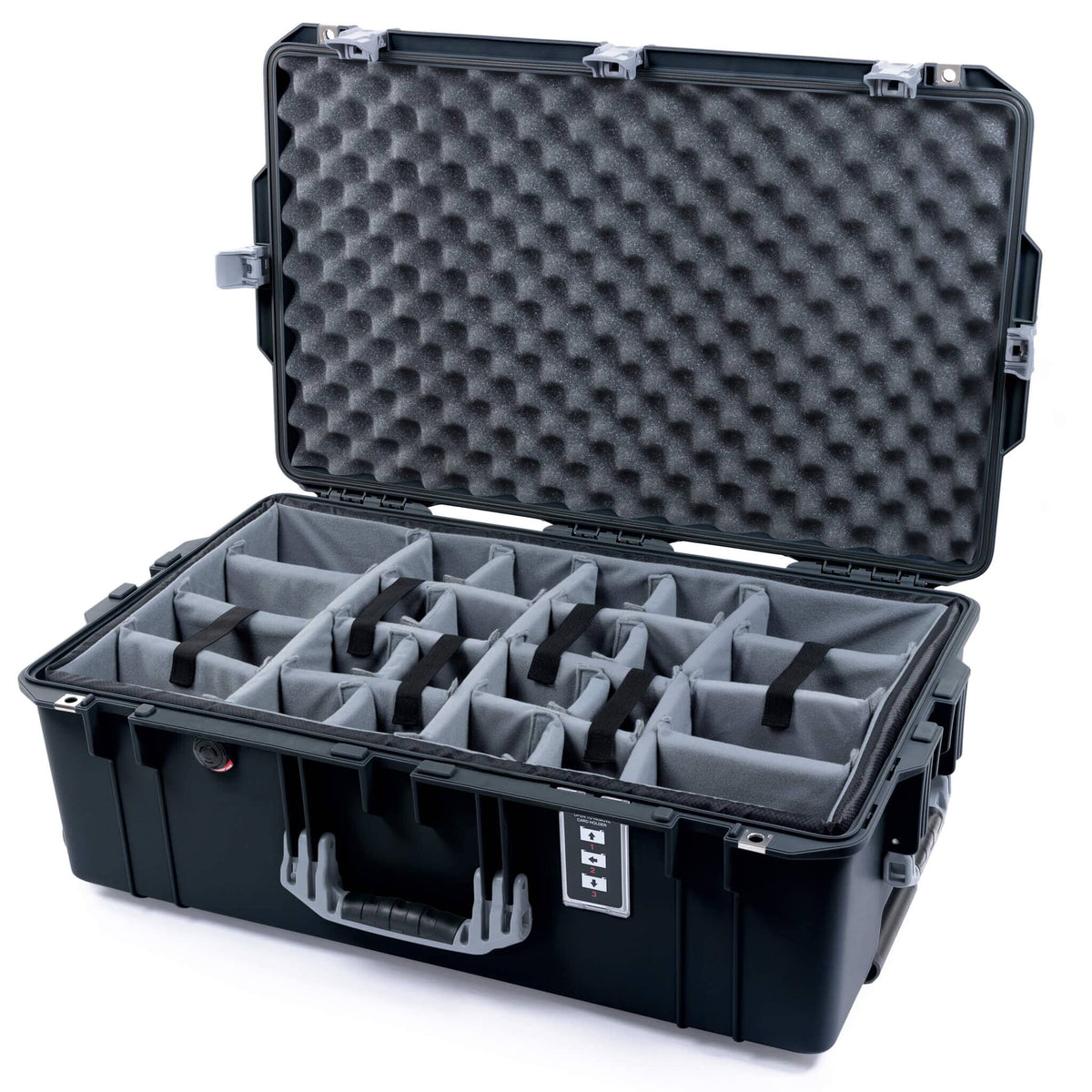 Pelican 1595 Air Case, Black with Silver Handles &amp; Push-Button Latches Gray Padded Microfiber Dividers with Convoluted Lid Foam ColorCase 015950-0070-110-180