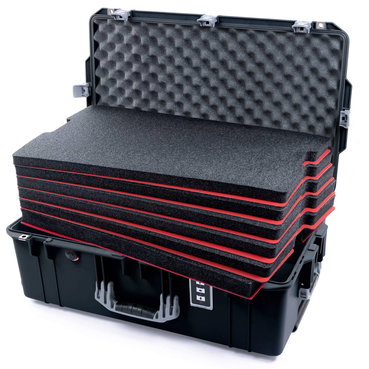 Pelican 1595 Air Case, Black with Silver Handles &amp; Push-Button Latches Custom Tool Kit (6 Foam Inserts with Convoluted Lid Foam) ColorCase 015950-0060-110-180
