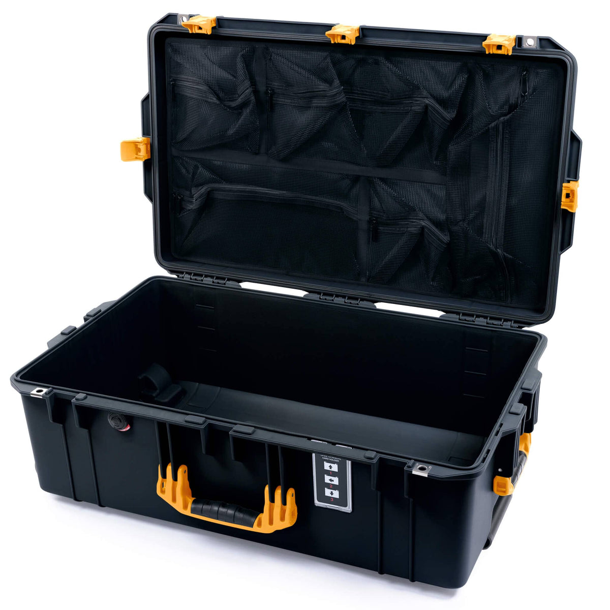 Pelican 1595 Air Case, Black with Yellow Handles &amp; Push-Button Latches Mesh Lid Organizer Only ColorCase 015950-0100-110-310