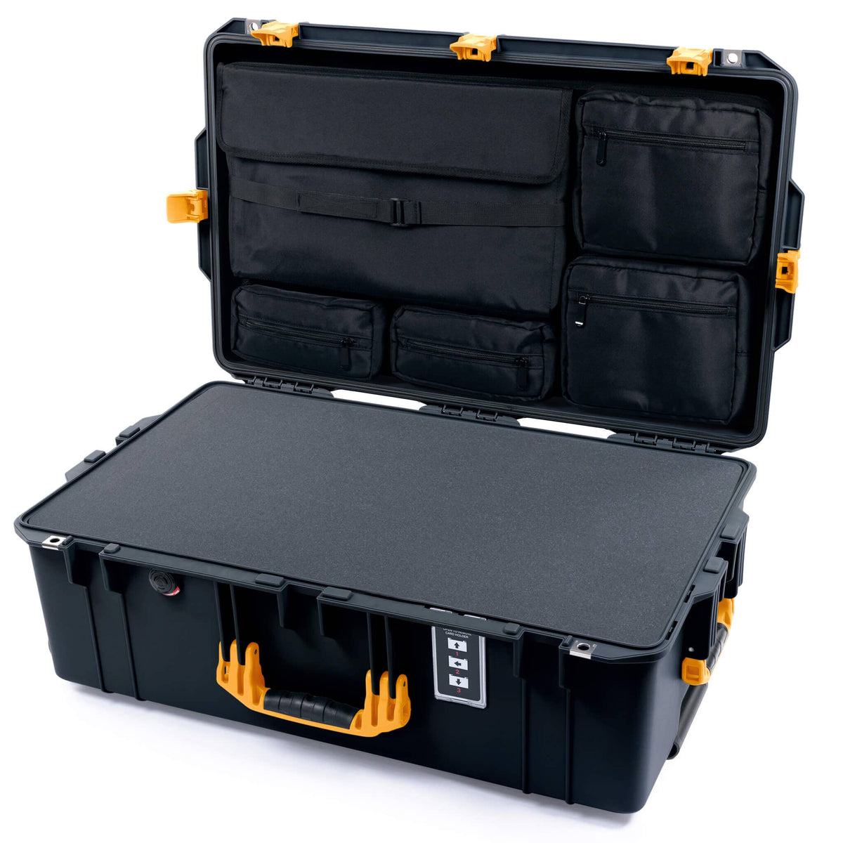 Pelican 1595 Air Case, Black with Yellow Handles &amp; Push-Button Latches Pick &amp; Pluck Foam with Laptop Computer Lid Pouch ColorCase 015950-0201-110-310